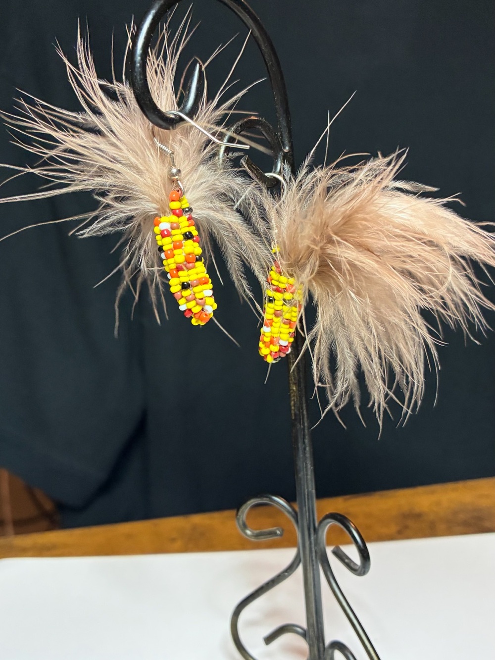 Handmade Feather & Bead Dangle Earrings in Beige and Yellow